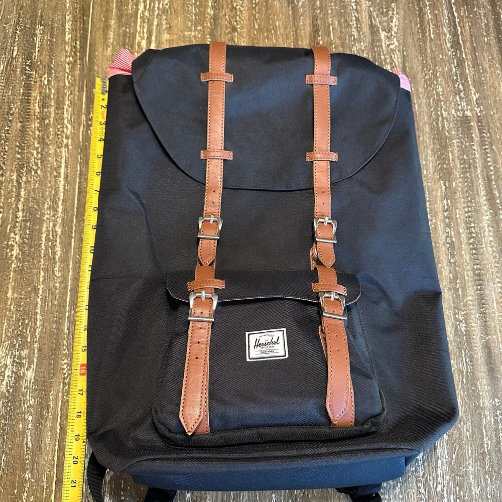 Herschel Little America Backpack Drawstring Buckle Straps Laptop Black Tan - Picture 3 of 12